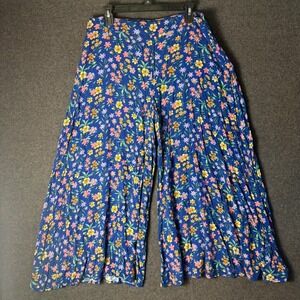 Womens Large Blue Floral Wide Leg Pants Boho Ankle Fairy Dainty Resort Hippie